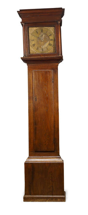 
	
		A George III oak longcase clock by Zephaniah Bullock, the plain square hood with glazed...