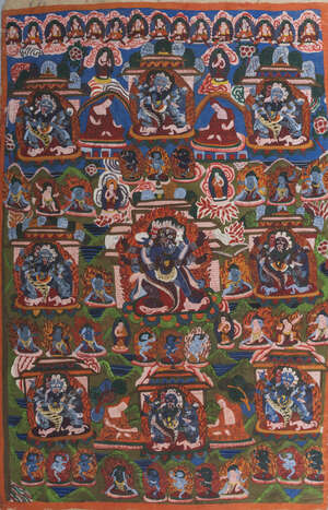 
	
		A Tibetan thangka, late 19th/early 20th century, centered with Makahala surrounded by all...