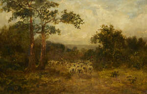 
	
		David Cox Snr OWS, 
		British 1783-1859-
		 
		Sheep on a moorland path with...