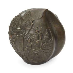 
	
		A Chinese bronze peach scroll weight, early 20th century, decorated in relief with '100...