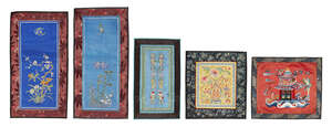 
	
		Five Chinese silk embroidered panels, early 20th century, to include a pair decorated...