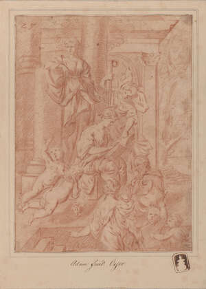 Adam Friedrich Oeser, 
		German 1717-1799- 
		 
		Allegorical figure group on the steps of a temple; 
		 
		red chalk on laid paper, signed, bears inscr