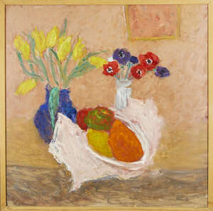 
	
		Elsbeth Juda, 
		German/British 1911-2014- 
		 
		Floral still life with a bowl of...