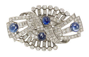 
	
		An Art Deco sapphire and diamond double clip brooch, the oval double clip of openwork...