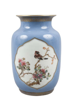 
	
		A Chinese porcelain vase, post- Republic, painted in famille rose enamels to two panels...