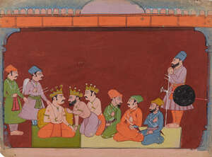 
	
		Kings seated in a row, Bilaspur (Basohli), circa1680, from an unidentified manuscript,...