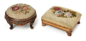 
	
		A George III satinwood footstool, floral gros-point needlework top, on bracket feet, 31cm...