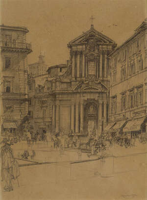 
	
		Sir David Muirhead Bone HRWS NEAC, 
		Scottish 1876-1953- 
		 
		Piazza di Trevi, Rome;...