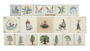 
	
		Packard & Ord, a group of painted ceramic tiles, mixed subjects - various sizes and...
