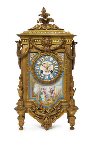 
	
		A French gilt-bronze and porcelain-mounted striking mantel clock, Japy Frères, c1880, the...