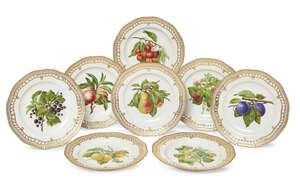 
	
		A set of eight Royal Copenhagen Flora Danica Fruit plates, 20th century, with pierced and...
