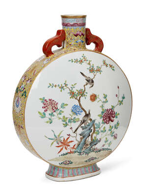 
	
		A Chinese porcelain moon flask, Republic period, painted in famille rose enamels with a...
