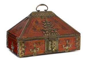 
	
		A Southern Indian brass mounted painted casket, early 20th century, decorated with exotic...