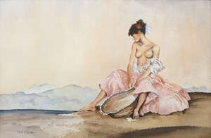 
	
		Denis Lord, British 1926-2013- Portrait of a young half-nude Spanish girl in a pink...
