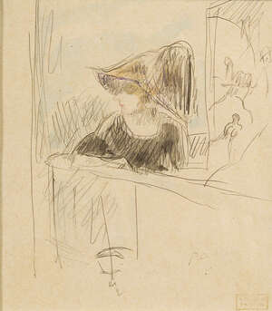 
	
		Jules Pascin, 
		 
		French  1885-1930- 
		 
		Femme au chapeau au bar, 1918; 
		 
		
