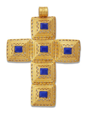 
	
		A lapis lazuli pectoral cross pendant, of pierced segmented design, length 6.7cm

	

