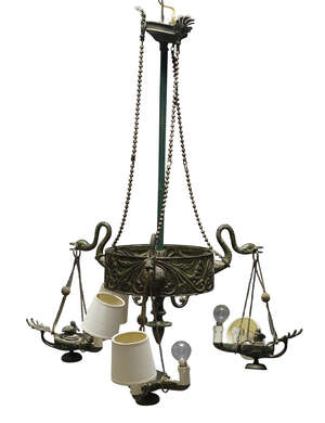 
	
		An Egyptian revival ceiling light, with bronze patination, 20th Century, of circular form...