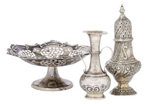 
	
		An Edwardian silver sugar caster, London, c.1901, Sibray, Hall & Co Ltd, repousse...