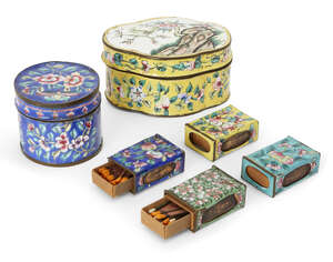 
	
		Six Chinese Canton enamel wares, late 19th century, comprising a yellow ground quatrefoil...