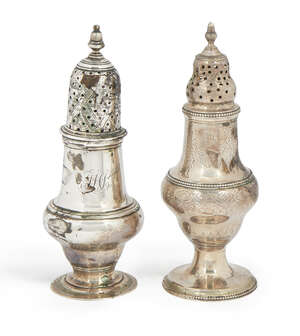 A George III silver pepper pot, London c.1753, John Delmester, of baluster form, together with a George II silver pepper pot, London c.1785, Thomas Daniell of 
