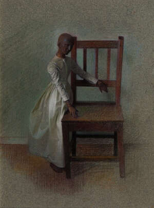 Jehan Emile Daly, Irish 1918-2001- Doll and Chair; black and coloured chalk/pastel on blue paper, 23x17.5cm (ARR)