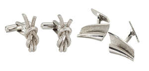 Two pairs of cufflinks, one pair of textured reef knot design to hinge fittings, the other designed as unwinding conical scroll with brushed interior, also wit