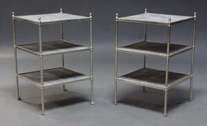 
	
		A pair of faux shagreen and chromed three tier etageres, of recent manufacture, the...