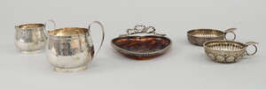 
	
		An Italian hammered 800 standard silver sugar bowl & milk jug, together with two French...
