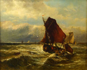 
	
		Manner of John Callow, British 1822-1878- Shipping scene; oil on canvas laid down on...