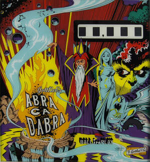 
	
		D Gottlieb & Co., Abracadabra, a transfer decorated glass pinball machine backboard,...