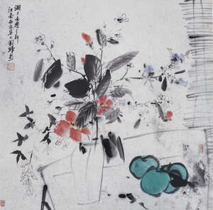 
	
		Liu Guohui (b.1940),  ink and colour on paper, vase with flowers, signed with three...