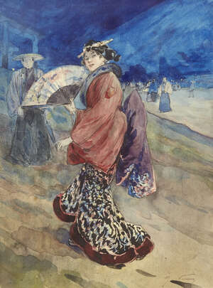 Henri Somm, 
		French 1844-1907-
		 
		Dame japonaise avec un éventail (Japanese woman with a fan);
		 
		black ink and watercolour, signed lower right