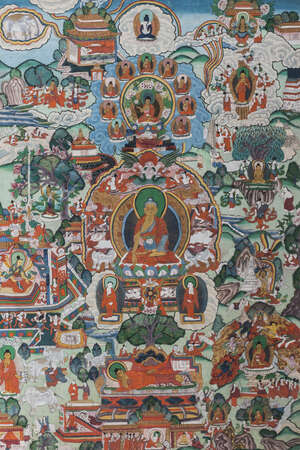 
	
		A Tibetan painted thangka, 19th century, centered with Shakyamuni Buddha, surrounded by...