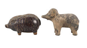 
	
		A Chinese treacle glazed pottery pig and a stoneware elephant, 22cm - 24cm long (2)

	

