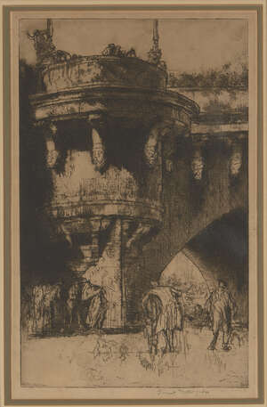 
	
		Sir Frank Brangwyn RA RWS RBA, 
		 
		British 1867-1956; 
		 
		 
		Buttress of the Pont...
