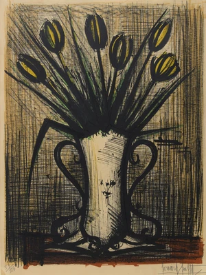 Bernard Buffet,&nbsp;French 1928-1999,&nbsp;Le Vase de Tulipes Jaunes, 1960;&nbsp;lithograph in colours on wove,&nbsp;