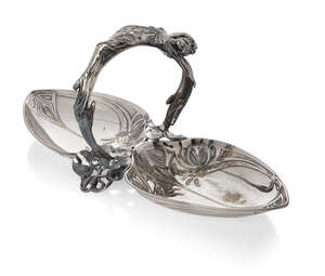 
	
		WMF (German), a pewter and silver plated brass double fruit or sweet dish
		c.1905,...