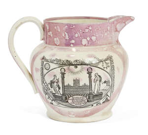 
	
		A Sunderland lustreware Masonic jug, early 19th century, possibly John Carr & Co, 