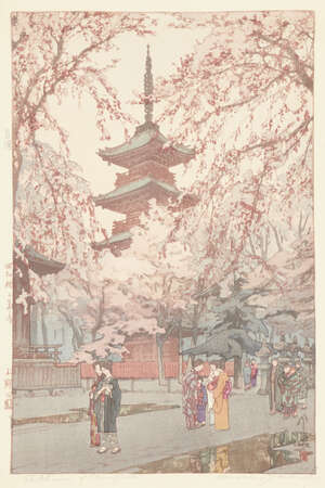 
	
		Hiroshi Yoshida, Japanese 1876-1950, A Glimpse of Ueno Park, 1937, signed in pencil,...