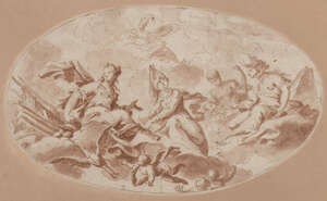 Attributed to Gabriel Müller, 
		German 1688-1788- 
		 
		Design for a ceiling decoration; 
		 
		pen and brown ink and wash on laid paper, oval, bears