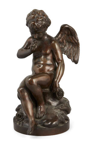 
	
		A French patinated bronze figure of seated cupid, 
		in contemplation, signed and with...