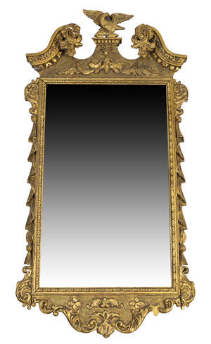
	
		A William Kent style giltwood and gesso mirror, late 19th/early 20th century, with eagle...