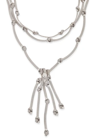 A diamond set bib necklace, the central section composed of mesh-link chain drops, each with...