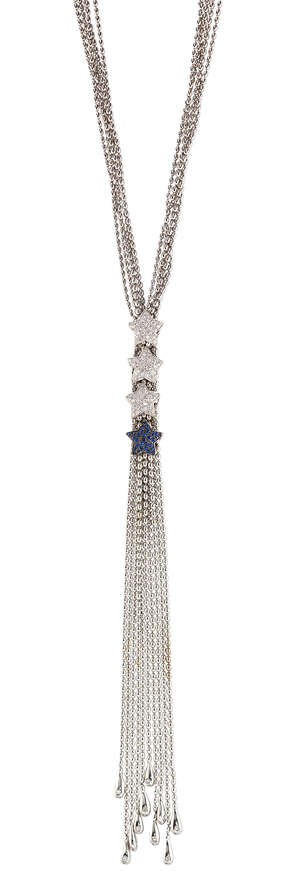 
	
		A diamond and sapphire sautoir necklace, designed as a bead-link multi-row chain necklace...