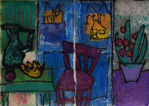 Pamela Shole, 
		Contemporary School, late 20th century- 
		 
		Interior scene with a still life; 
		 
		mixed media on two sheets of handmade paper, si