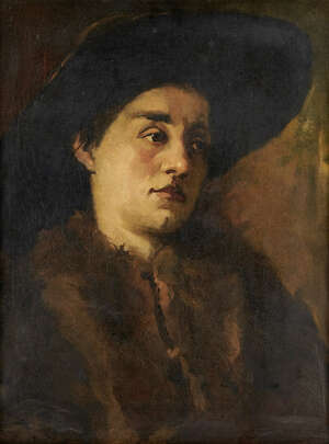 
	
		Attributed to Wilhelm Trubner, 
		German 1851-1917-
		Portrait of a lady quarter-length...