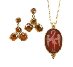 
	
		An Intaglio pendant and a pair of citrine earrings, The earrings in the form of a triple...