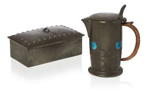 
	
		Attributed to Archibald Knox (British 1864-1933), a Liberty & Co pewter and enamel jug...