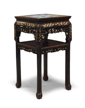 
	
		A Chinese hardwood square table, early 20th century, the top inset with marble panel...