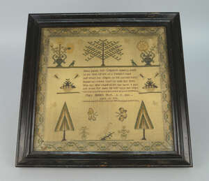 
	
		A 19th century embroidered sampler, Mary Hands 1834 aged 10 years, worked in colours with...